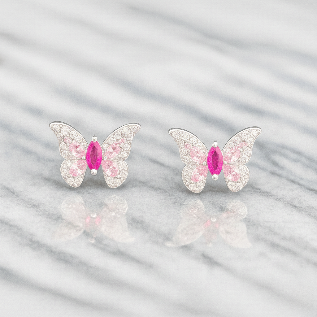 Rózsaszín pillangó ezüst fülbevaló