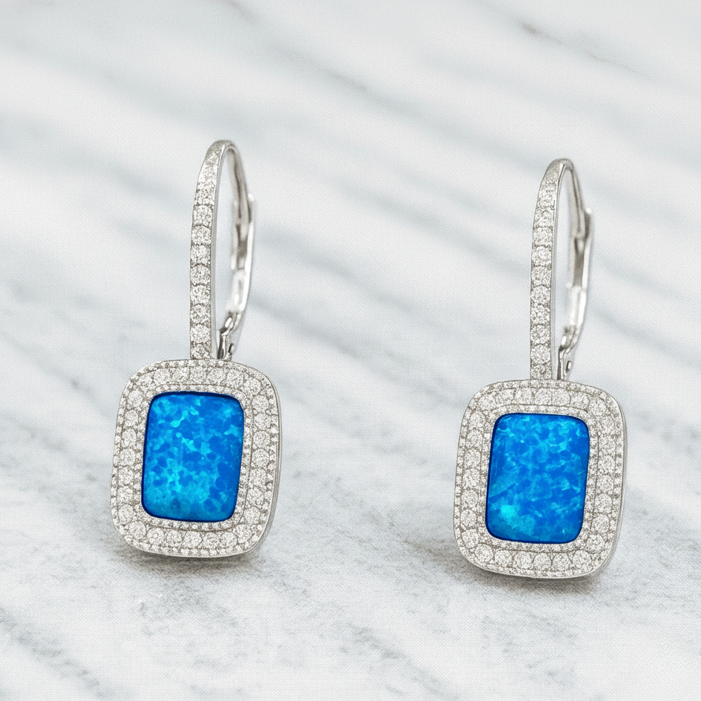 Kék opál hatású téglalap ezüst fülbevaló